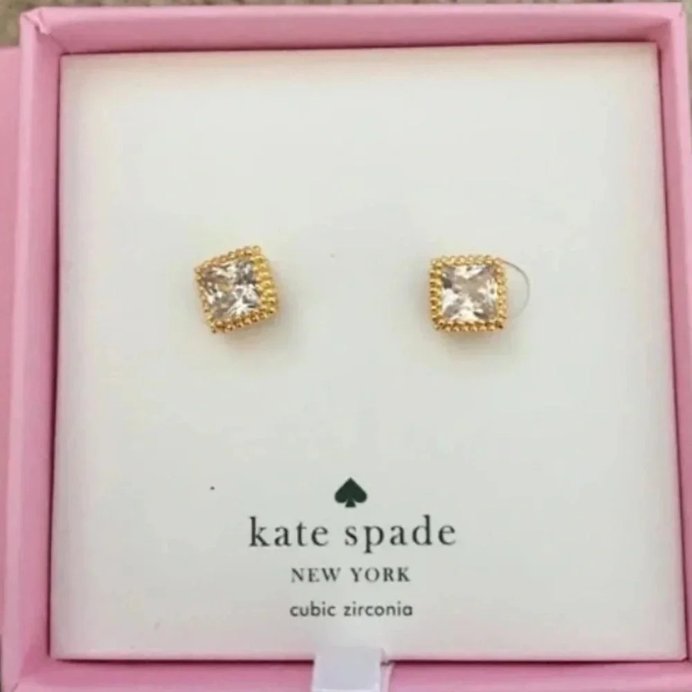 KATE SPADE Square Solitaire Crystals Gold-Tone Metal Hardware Earrings Boxed NWT